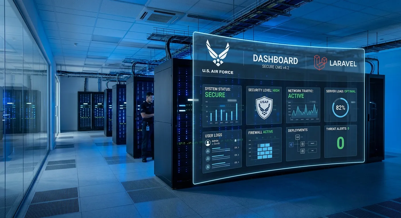 A modern, high-security server room with a clean, blue-lit aesthetic. In the foreground, a transpare... A modern, high-security server room with a clean, blue-lit aesthetic. In the foreground, a transparent screen displays a secure CMS dashboard with Laravel and Air Force insignia, symbolizing robust digital infrastructure.