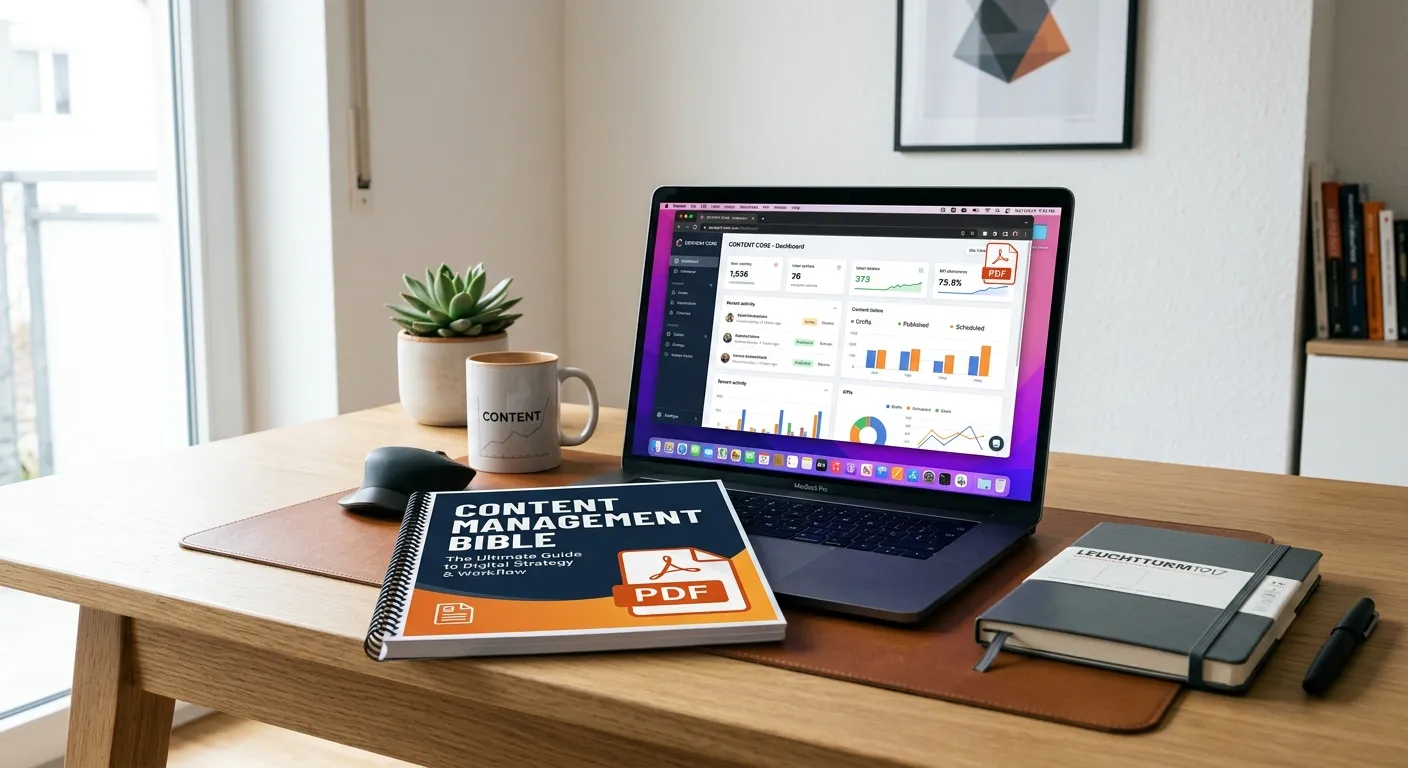 A professional, modern desk setup with a laptop open to a sleek CMS dashboard, a printed A professional, modern desk setup with a laptop open to a sleek CMS dashboard, a printed
