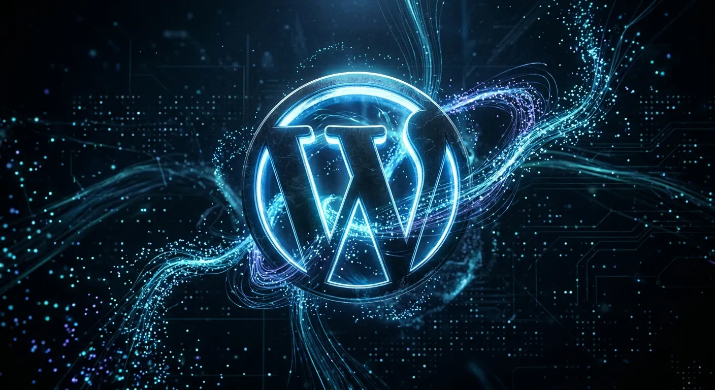 A high-contrast, dramatic 3D render of the classic WordPress 'W' logo floating in a digital space, w... A high-contrast, dramatic 3D render of the classic WordPress 'W' logo floating in a digital space, with light particles flowing around it. The mood is modern, powerful, and authoritative.