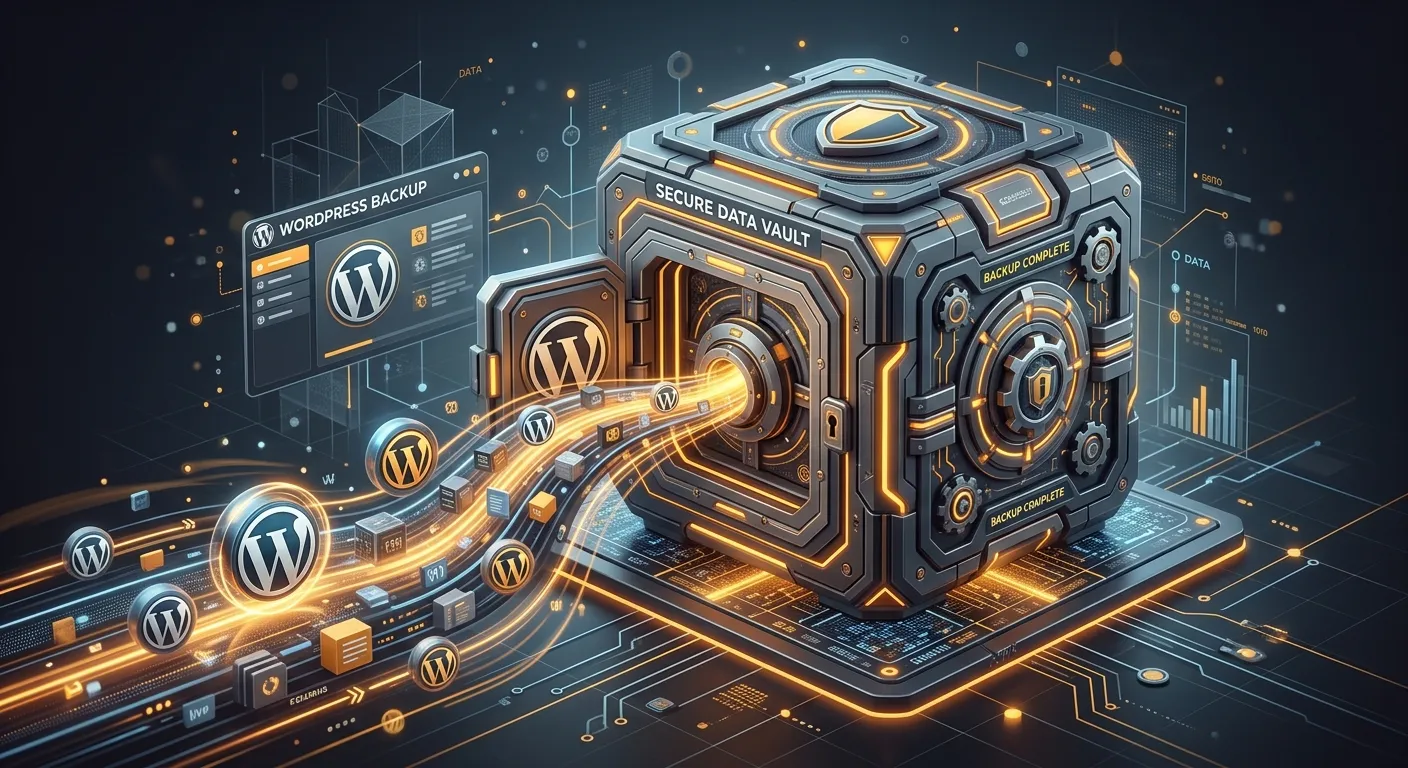 A modern, abstract 3D visualization of a secure digital vault with WordPress logo elements flowing i... A modern, abstract 3D visualization of a secure digital vault with WordPress logo elements flowing into it, symbolizing data backup. Style: Clean tech illustration with amber and slate color accents. Mood: Secure, reliable, and professional.