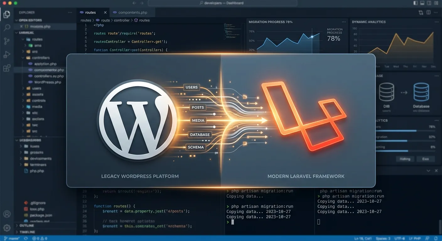 A modern, split-screen graphic showing a sleek WordPress logo fading into a vibrant Laravel logo, wi... A modern, split-screen graphic showing a sleek WordPress logo fading into a vibrant Laravel logo, with a developer's dashboard in the background displaying charts and metrics, symbolizing migration and data transfer. Style: Clean, technical, with amber and slate accents.
