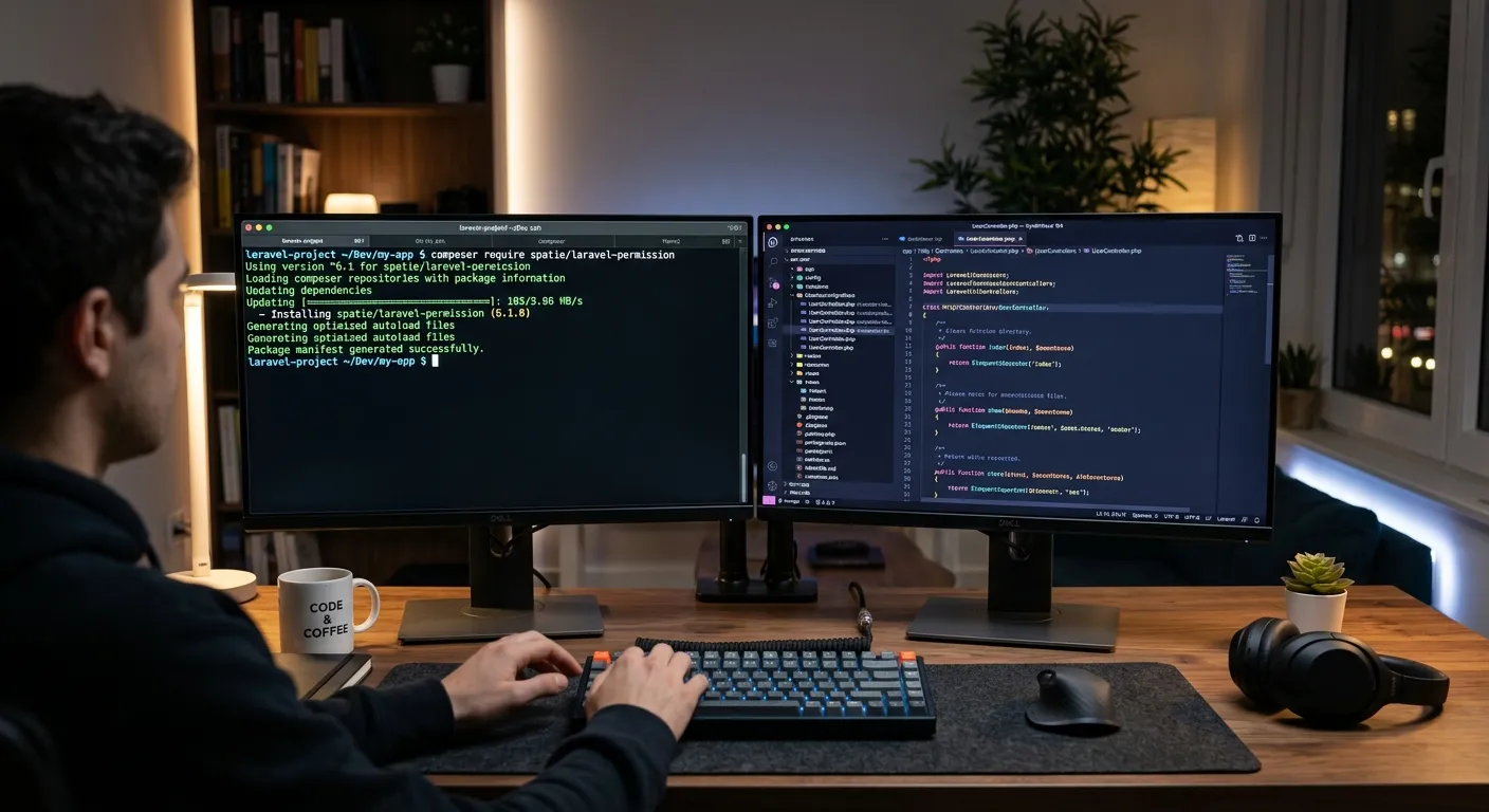 A modern, clean developer workspace with dual monitors. One screen shows a terminal with Composer commands running, the other displays a well-structured Laravel project in a code editor like VS Code. Style: Professional, focused, tech-oriented. Mood: Productive and innovative.