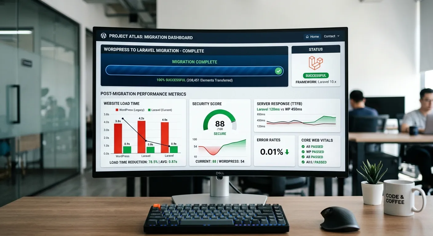 A modern, clean dashboard showing a successful migration progress bar from WordPress to Laravel, with graphs indicating improved performance metrics like load time and security score.