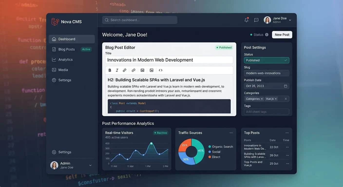 A modern, sleek dashboard interface of a Laravel-based CMS, showing a blog post editor, analytics gr... A modern, sleek dashboard interface of a Laravel-based CMS, showing a blog post editor, analytics graphs, and a clean UI. The mood is professional, innovative, and tech-forward, with a dark blue and white color scheme.