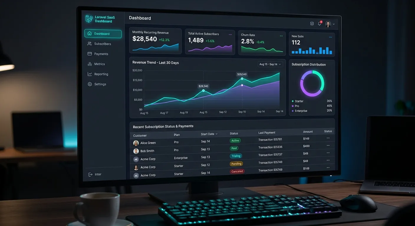 A modern, high-contrast digital interface showing a Laravel dashboard with subscription metrics, gra... A modern, high-contrast digital interface showing a Laravel dashboard with subscription metrics, graphs, and payment statuses. Clean, professional, with a dark theme and glowing accent colors.