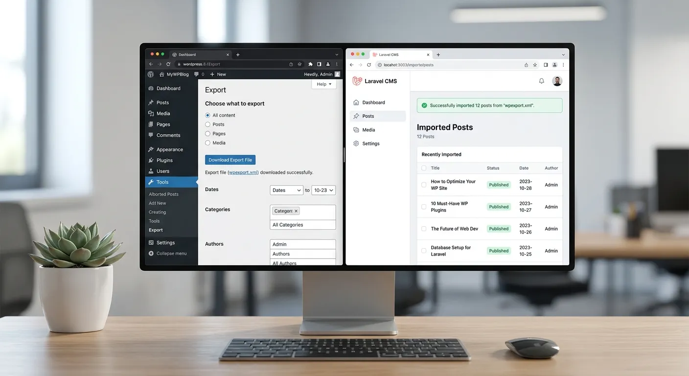 A modern, split-screen digital workspace. On the left, a WordPress admin dashboard is open to the export tool. On the right, a clean Laravel CMS interface shows imported posts. The mood is efficient, professional, and seamless.