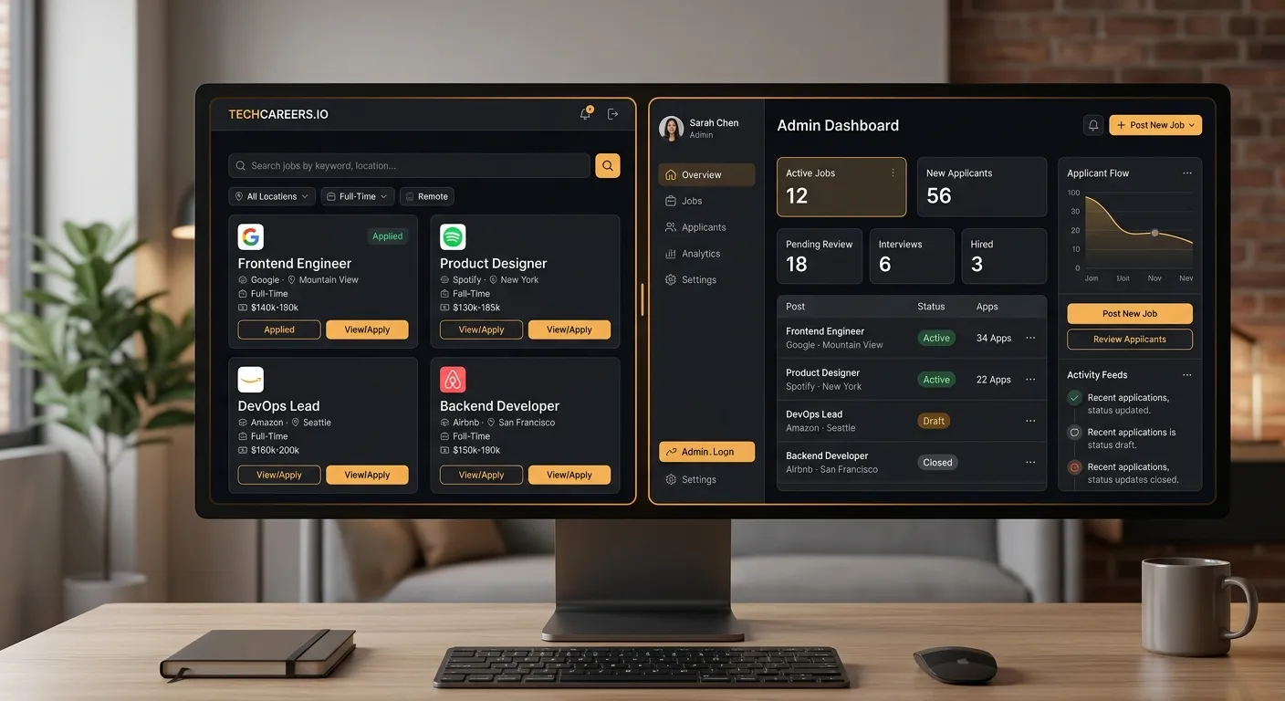 A modern, split-screen website interface showing a sleek job board on one side and a streamlined adm... A modern, split-screen website interface showing a sleek job board on one side and a streamlined admin dashboard on the other, with a subtle amber accent glow. Professional and tech-oriented mood.