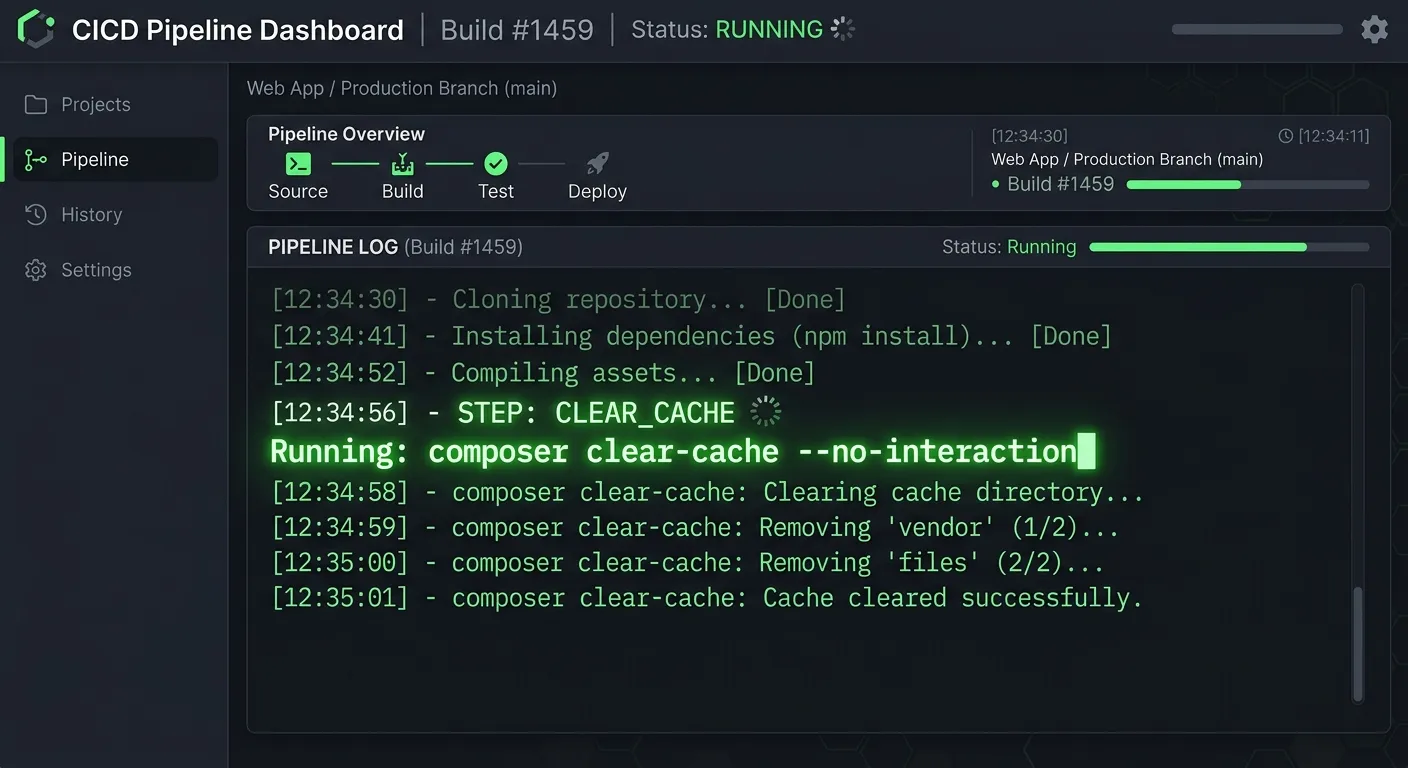 A modern, clean dashboard interface showing a CI/CD pipeline log with a highlighted step reading