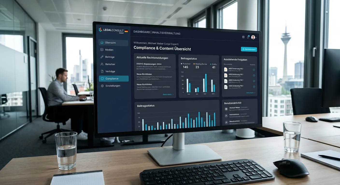 A modern, professional dashboard interface on a large desktop screen, showcasing a sleek content management system with German legal or corporate branding elements. The mood is sophisticated, efficient, and high-tech, with a blue and dark theme.