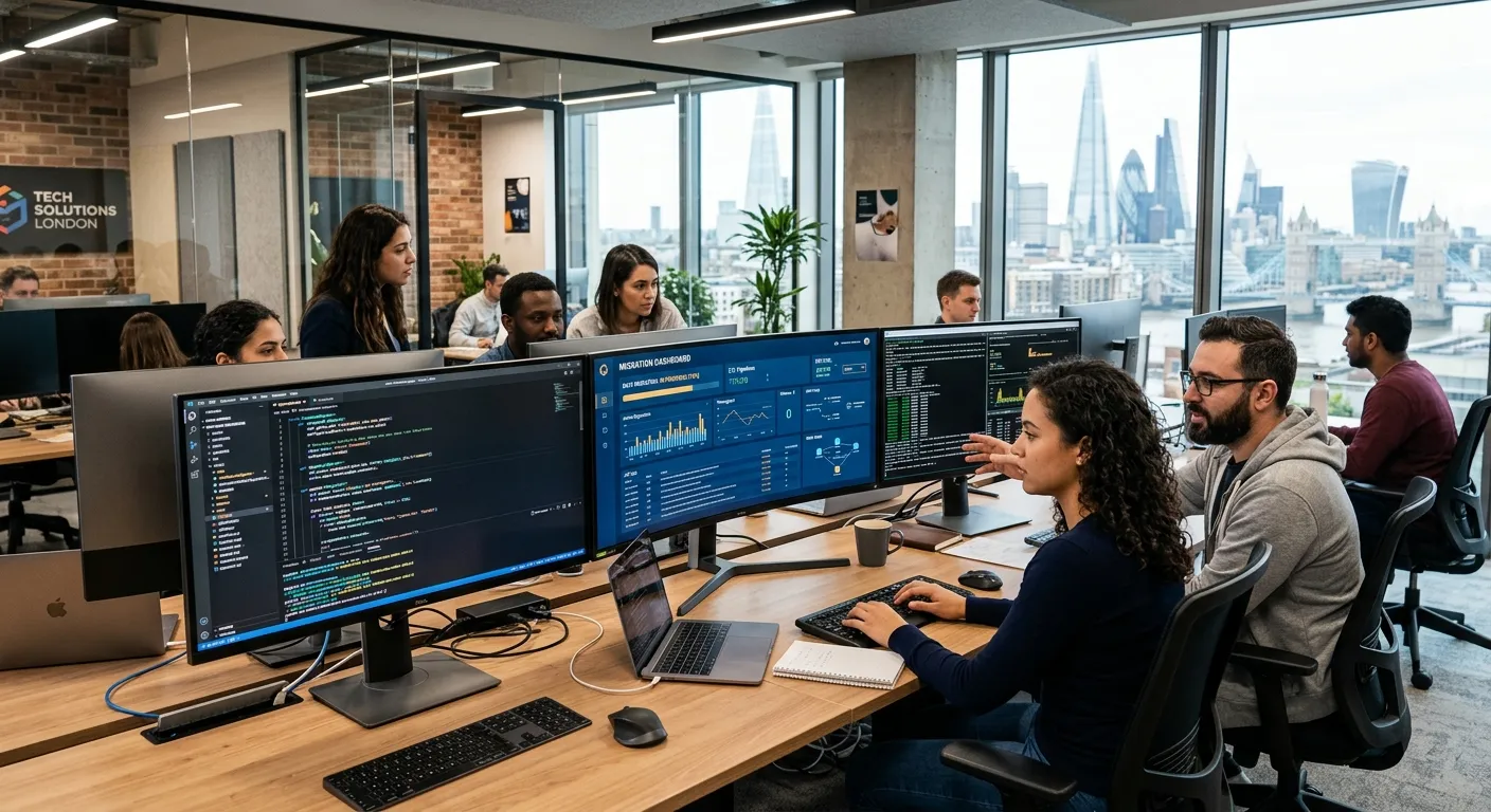A modern, professional office in London with a team of developers collaborating on multiple screens... A modern, professional office in London with a team of developers collaborating on multiple screens showing code and migration dashboards. Style: Clean, tech-focused, with a blue and amber accent mood.