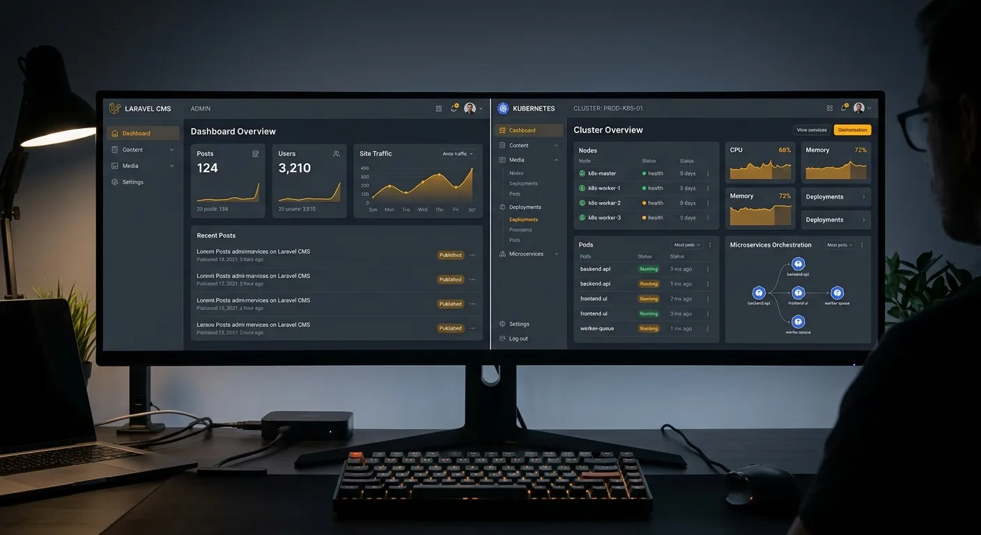 A modern, split-screen visual showing a clean Laravel CMS dashboard on the left and a Kubernetes clu... A modern, split-screen visual showing a clean Laravel CMS dashboard on the left and a Kubernetes cluster management interface on the right, symbolizing integration. Style is tech-focused with amber accent highlights, dark slate background.