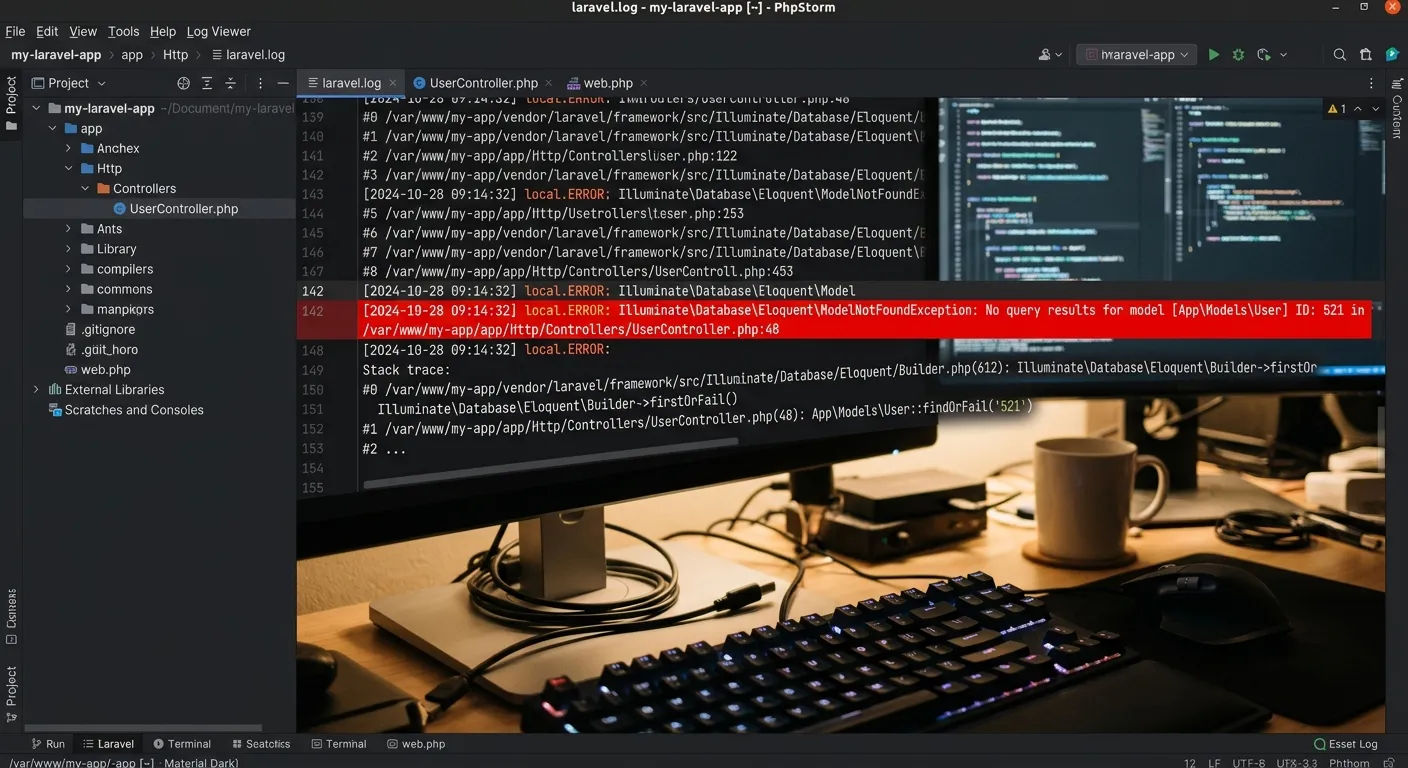 A clean, modern developer IDE screen showing a Laravel error log with a highlighted 'ModelNotFoundEx... A clean, modern developer IDE screen showing a Laravel error log with a highlighted 'ModelNotFoundException' line, with a blurred background of code. Style: Professional, tech-focused, dark theme.