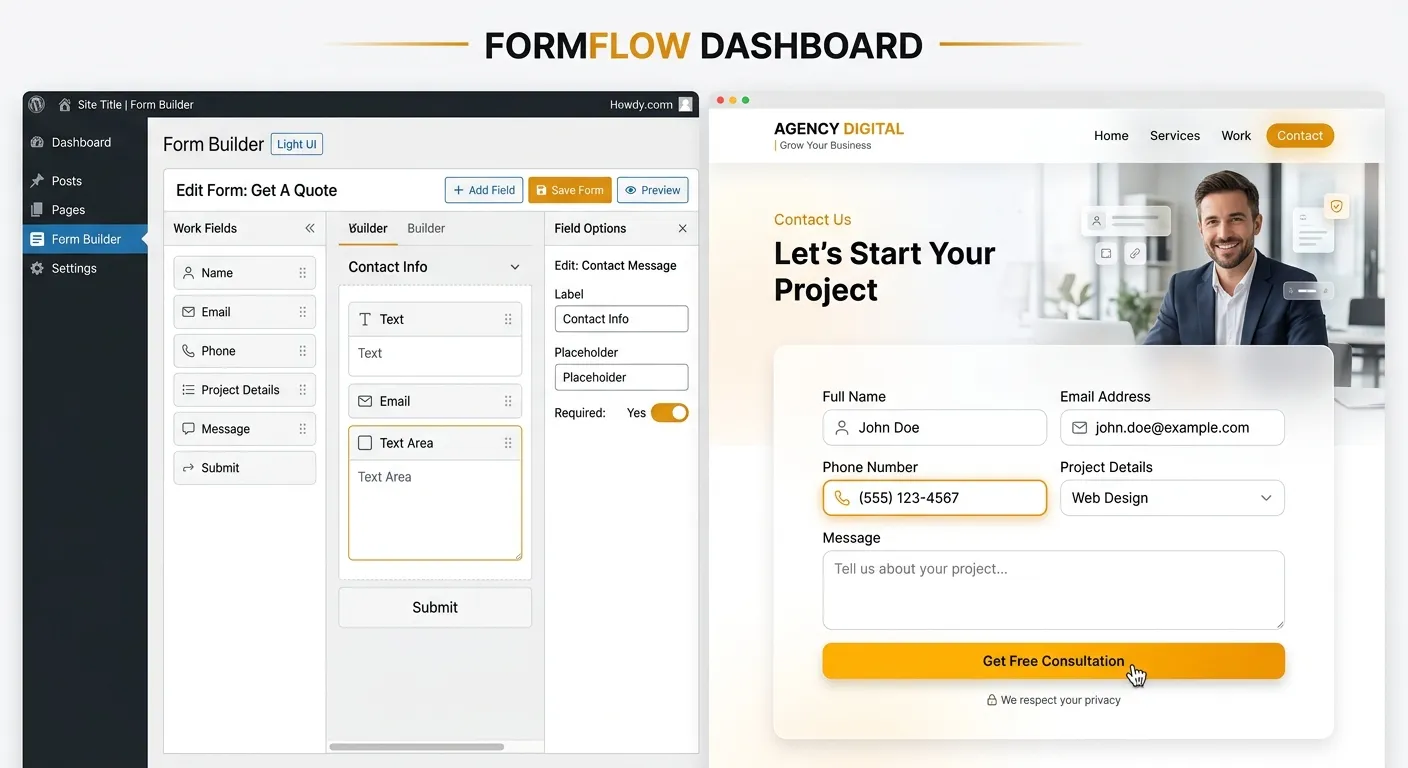 A modern, sleek dashboard interface split-screen view. Left side shows a WordPress admin panel with... A modern, sleek dashboard interface split-screen view. Left side shows a WordPress admin panel with a contact form plugin editor open. Right side shows a high-conversion, beautifully designed contact form live on a website. Style: Clean, digital, professional with amber accent highlights. Mood: Efficient, powerful, and results-driven.