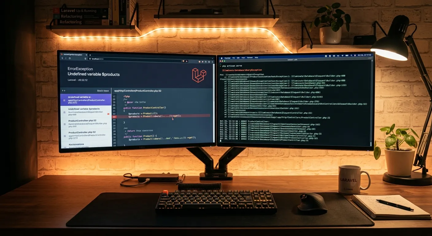 A modern, clean developer workspace with dual monitors. One screen shows a Laravel application throw... A modern, clean developer workspace with dual monitors. One screen shows a Laravel application throwing a beautifully rendered exception page with highlighted code, while the other shows a terminal with stack trace. Style: Professional, focused, with amber accent lighting.