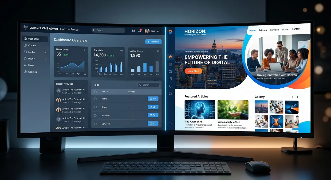 A modern, split-screen digital interface showing a sleek Laravel CMS admin panel on one side and a vibrant, content-rich website front-end on the other, symbolizing control and presentation. Professional, high-tech mood.