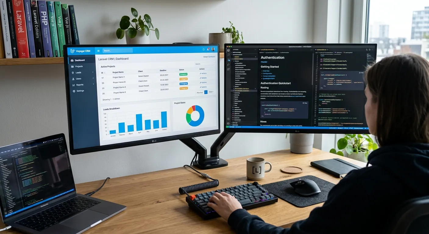 A modern, clean developer workspace with dual monitors. One screen shows a Laravel application's elegant admin panel with a data table and charts, the other displays well-structured, color-coded code documentation. Style: Professional, crisp, and inspiring with a focus on clarity and detail. Mood: Productive, organized, and technologically advanced.