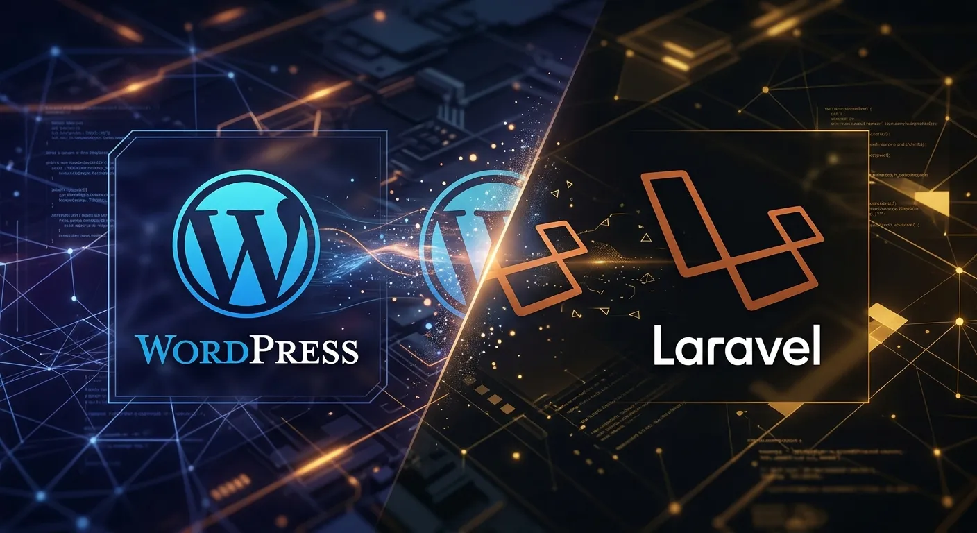 A modern, split-screen graphic showing a WordPress logo cleanly transforming into a Laravel logo on... A modern, split-screen graphic showing a WordPress logo cleanly transforming into a Laravel logo on a dark, abstract tech background with amber accent lights.