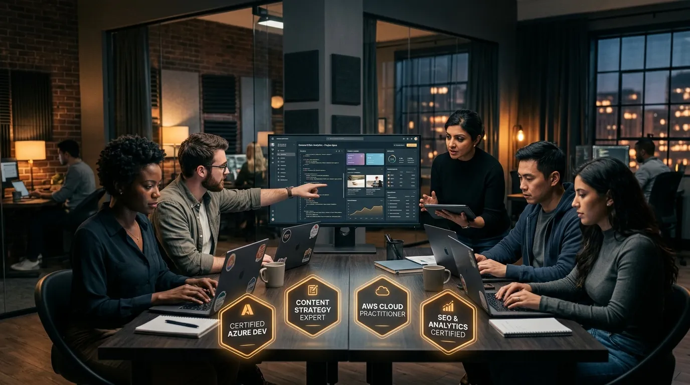 A modern, professional hero image showing a diverse team of developers and content managers collabor... A modern, professional hero image showing a diverse team of developers and content managers collaborating on a dashboard, with certifications and digital badges floating elegantly in the foreground. Moody, focused lighting with amber and slate tones.