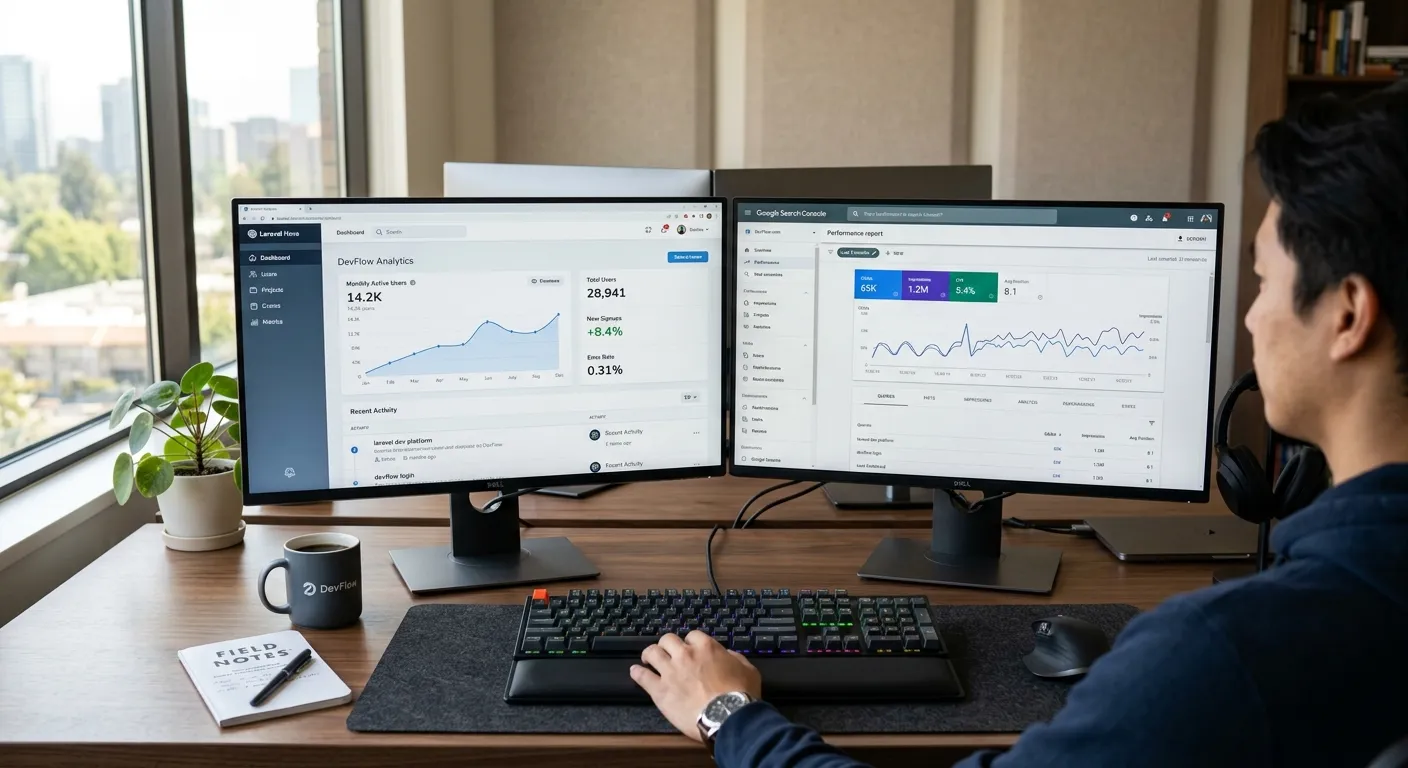 A modern developer workspace with two monitors, one showing a Laravel application dashboard and the other displaying Google Search Console's performance report, with a clean, focused, and professional atmosphere.