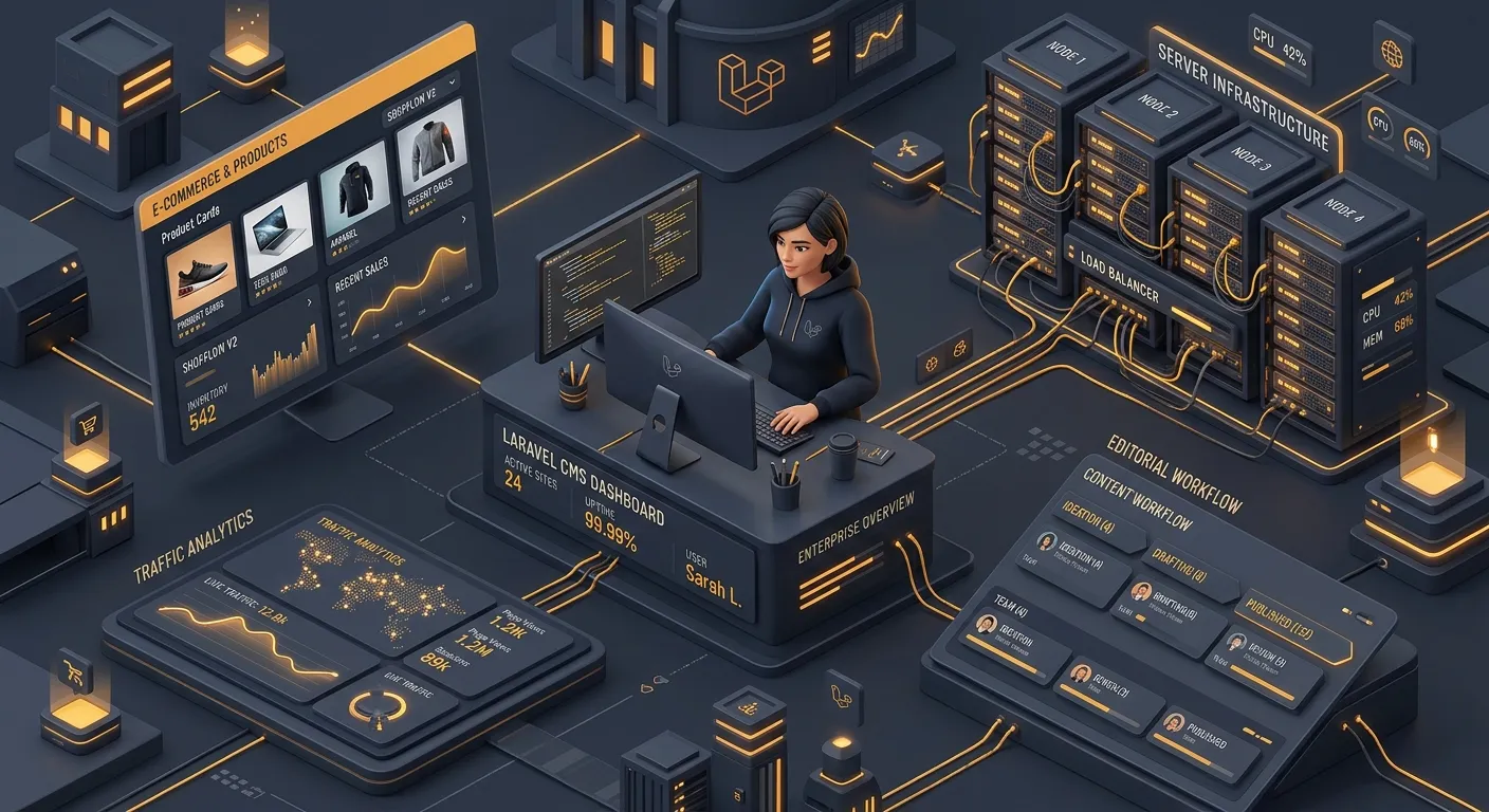 Modern hero illustration showing a Laravel CMS dashboard expanding across multiple server nodes, eco... Modern hero illustration showing a Laravel CMS dashboard expanding across multiple server nodes, ecommerce product cards, traffic analytics, and editorial workflow panels; clean developer aesthetic, amber accents on dark slate, crisp 3D isometric style, confident enterprise mood
