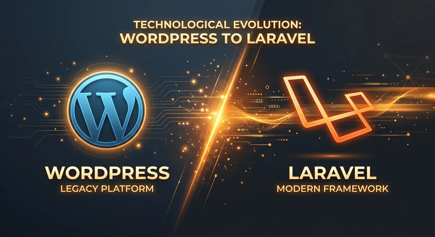 A modern, split-screen graphic showing a stylized WordPress logo fading into a sleek Laravel logo, s... A modern, split-screen graphic showing a stylized WordPress logo fading into a sleek Laravel logo, set on a dark slate background with glowing amber accents, representing migration and technological evolution.