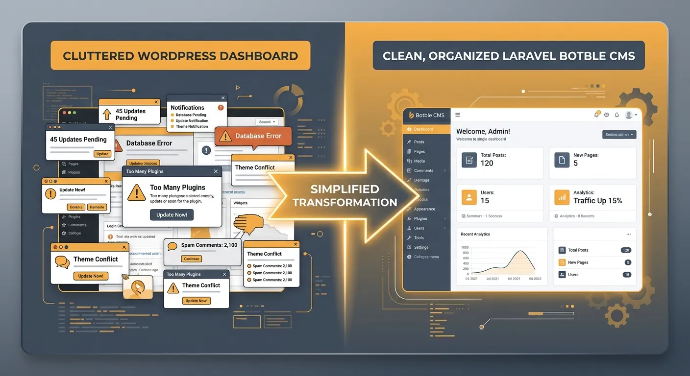 A modern, split-screen graphic showing a cluttered WordPress dashboard on the left transforming into a clean, organized Laravel Botble CMS admin panel on the right. Style: minimalist tech illustration with amber and slate accents.