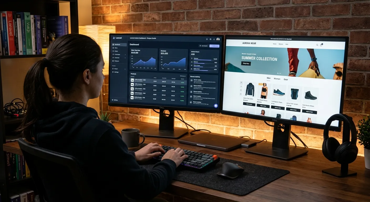 Modern developer workstation with dual monitors displaying sleek Laravel CMS admin dashboard on one screen and a live, high-converting ecommerce storefront on the other, mood: professional, focused, and innovative.