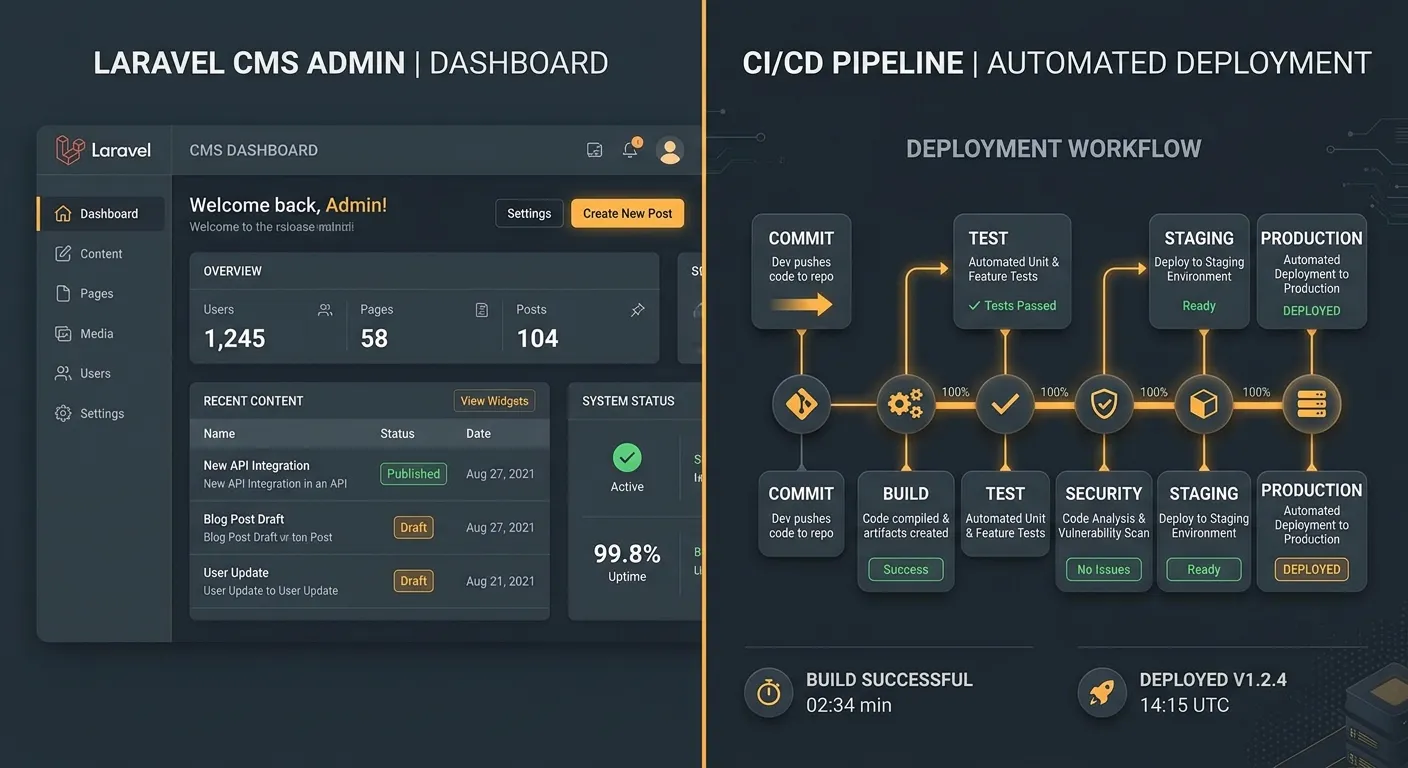 A modern, split-screen graphic showing a clean Laravel CMS admin panel on the left and a CI/CD pipel... A modern, split-screen graphic showing a clean Laravel CMS admin panel on the left and a CI/CD pipeline visualization with automated deployment stages on the right. Style: Digital, professional, with amber and slate accent colors.