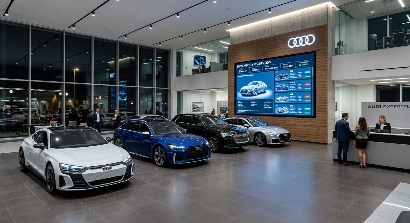 Modern automotive dealership showroom with digital inventory dashboard, sleek cars, and bright profe... Modern automotive dealership showroom with digital inventory dashboard, sleek cars, and bright professional lighting