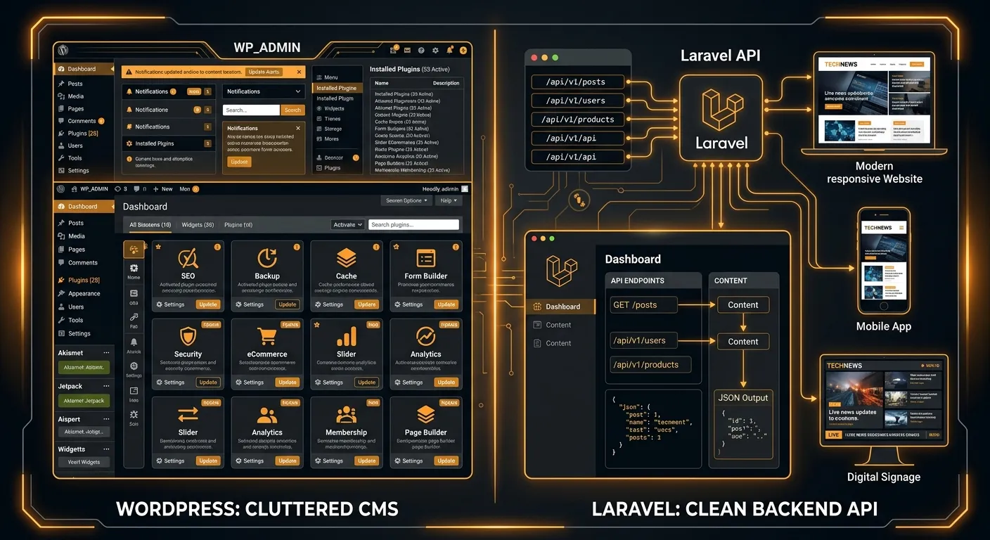 A sleek, modern split-screen illustration. The left side shows a dense, tangled WordPress dashboard... A sleek, modern split-screen illustration. The left side shows a dense, tangled WordPress dashboard with many plugins. The right side shows a clean, minimal Laravel backend API feeding content to multiple frontends (a website, a mobile app, a digital sign). Style: Clean tech graphic, high-contrast with amber accents.